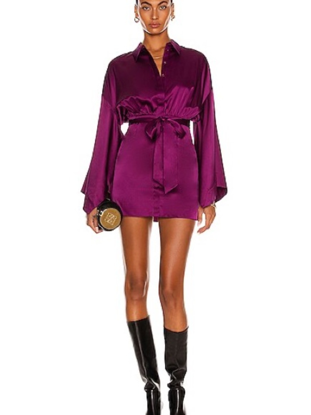 Retrofete Scottie Satin Waist-Tie Mini Dress in Deep Plum